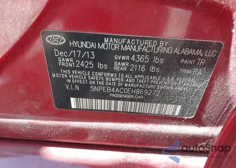 2014 Hyundai Sonata Gls from USA, damaged, VIN 5NPEB4AC0EH869272